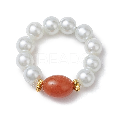 Oval Synthetic Turquoise & Natural Red Aventurine & Aquamarine Beaded Finger Rings RJEW-JR00768-1