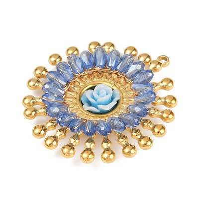 304 Stainless Steel and Resin Flower Pendants STAS-R170-03G-01-1