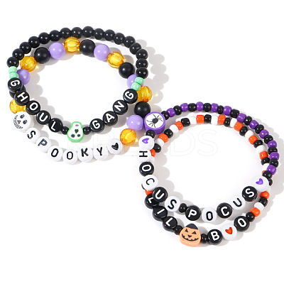 4Pcs Spooky Halloween Acrylic & Glass Beaded Stretch Bracelets EK3057-4-1