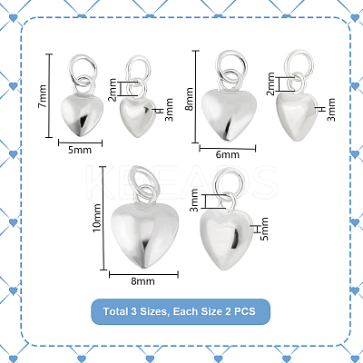 6Pcs 3 Styles 925 Sterling Silver Heart Charms with Jump Rings STER-PH0002-29-1
