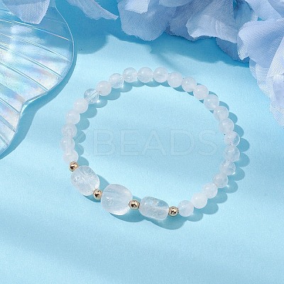 Natural Quartz Crystal Cube & Round Rock Crystal Beaded Stretch Bracelets BJEW-JB10807-01-1