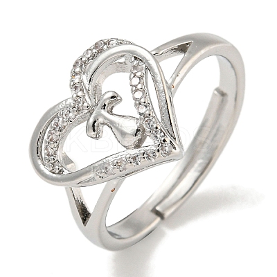 Heart with Letter Rack Plating Brass Micro Pave Clear Cubic Zirconia Adjustable Rings for Women RJEW-I105-01P-T-1