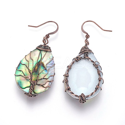 Abalone Shell/Paua Shell Teardrop with Tree of Life Dangle Earrings EJEW-SZ0001-65A-1