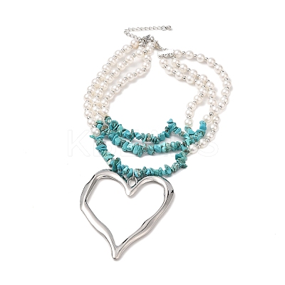 Boho Dyed Synthetic Turquoise Chip & Plastic Pearl Multi Layered Necklaces NJEW-U006-04B-P-1