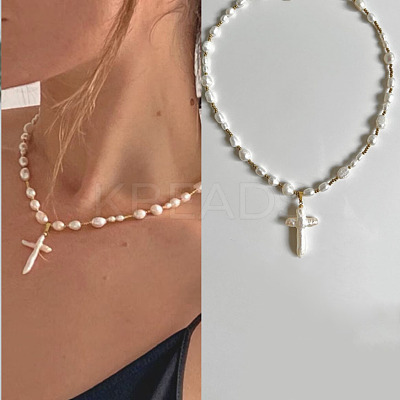 Brass & Natural Baroque Pearl Keshi Pearl Pendant Necklaces for Women FS-WG8C333-01-1