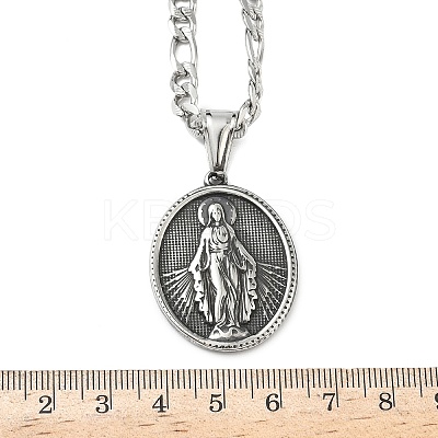 201 Stainless Steel Oval with Virgin Mary Pendant Figaro Chain Necklaces NJEW-C104-03-1