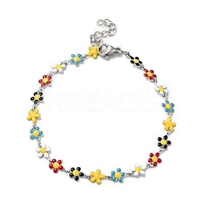Colorful Enamel Flower Link Chain Bracelet BJEW-C023-02P-1