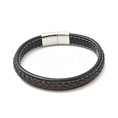 Cowhide Braided Flat Cord Bracelet with 304 Stainless Steel Magnetic Clasps BJEW-H552-01P-03-1