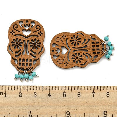 Laser Cut Poplar Wood Pendants Skull Charms with Dyed Synthetic Turquoise FIND-G073-05-1