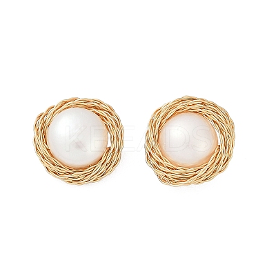 Flat Round Brass Imitation Pearl Stud Earrings KK-D301-10G-1