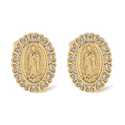 Oval with Virgin Mary Brass Micro Pave Clear Cubic Zirconia Stud Earrings EJEW-D305-10G-1