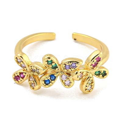 Flower Rack Plating Brass Micro Pave Cubic Zirconia Open Cuff Rings for Women RJEW-N047-01G-01-RS-1