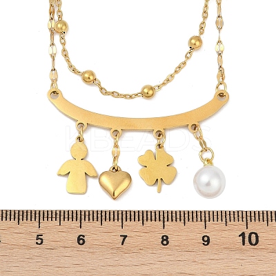 304 Stainless Steel & Imitation Pearl Clover Heart Double Layer Necklaces for Women NJEW-V004-02G-1