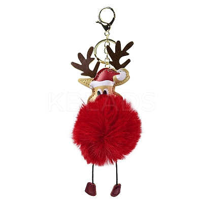 Imitation Rex Rabbit Fur & PU Leather Christmas Reindeer Pendant Keychain KEYC-K018-03KCG-02-1