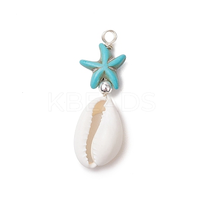 Cowrie Shell & Synthetic Turquoise Starfish Pendants PALLOY-JF03407-02-1