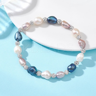 Polymer Clay Rhinestone & Natural Cultured Freshwater Pearl Beads Stretch Bracelets for Women BJEW-JB13192-1