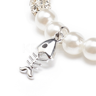 ABS Plastic Imitation Pearl  & Rhinestone Beaded Stretch Bracelet with Alloy Charm for Women BJEW-JB08526-04-1