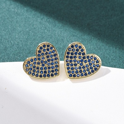 Heart Brass Micro Pave Cubic Zirconia Stud Earrings EJEW-H178-01G-02-1
