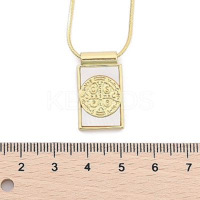 Brass Pave Shell Rectangle Saint Benedict Medal Cross Pendants Necklaces for Women NJEW-Z053-01G-02-1