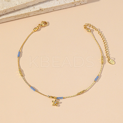 Brass Pave Clear Cubic Zirconia Flower Charm 304 Stainless Steel and Glass Chain Anklets for Women FS-WG0557A-04-1