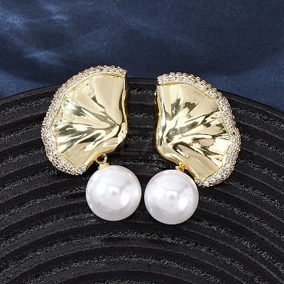 Brass Micro Pave Clear Cubic Zirconia Leaf Stud Earrings EJEW-H165-03A-G-1