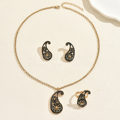 Vintage 201 Stainless Steel Enamel Paisley Stud Earrings & Pendant Necklace & Rings Sets ZB5227-1