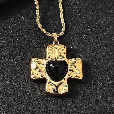 Cross with Heart 304 Stainless Steel Cubic Zirconia Pendant Necklaces NJEW-H070-01G-02-1