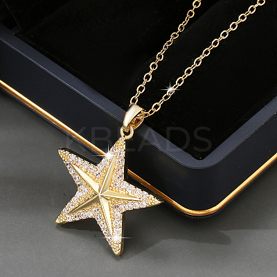 Brass Micro Pave Clear Cubic Zirconia Star Pendant Necklaces for Women FS-WG16544-01-1