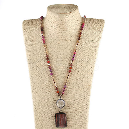Rectangle & Flat Round Bohemian Style Natural Tourmaline with Glass Pendant Necklaces FS-WGEA5B3-06-1
