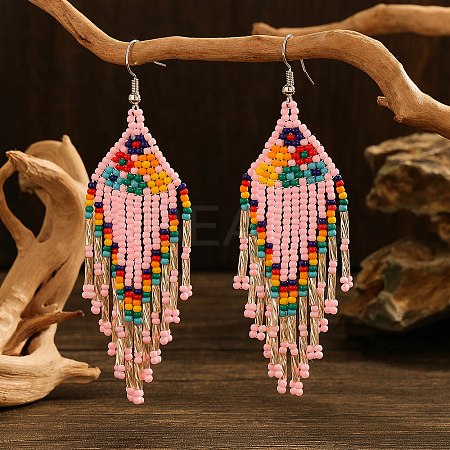 Bohemian Style Handmade Earrings with Glass Beads and Tassels QT0672-5-1