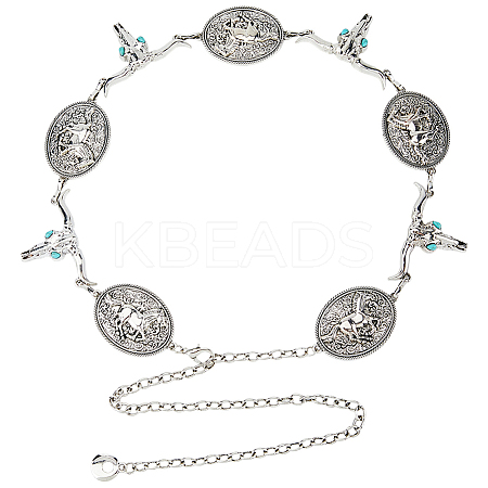 1Pc Tibetan Style Alloy Oval & Cattle Skull Head Link Chain Waist Belly Body Chains for Women AJEW-DC0003-23AS-1