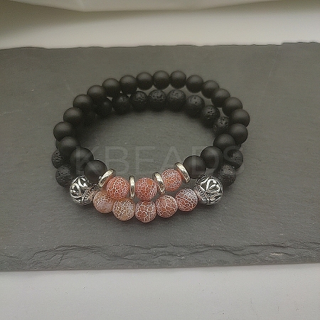 Natural Lava Rock & Frosted Stone Round Beads Stretch Bracelet Set Women DF9720-7-1