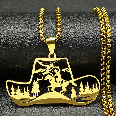 201 Stainless Steel Hollow Cowboy Hat Pendant Necklaces LS-NJEW-H065-27G-1