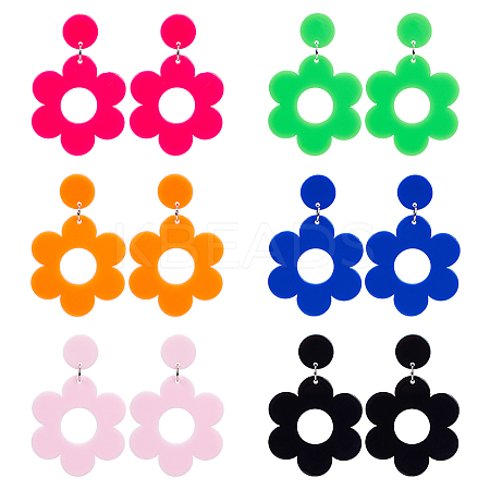 6 Pairs 6 Colors Flower Acrylic Dangle Stud Earrings with Steel Iron Pins for Women EJEW-AN0004-03-1
