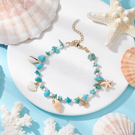 Summer Beach Synthetic Turquoise Chip Starfish & Natural Shell & Alloy Enamel Charm Anklets X1-AJEW-TA00037-1
