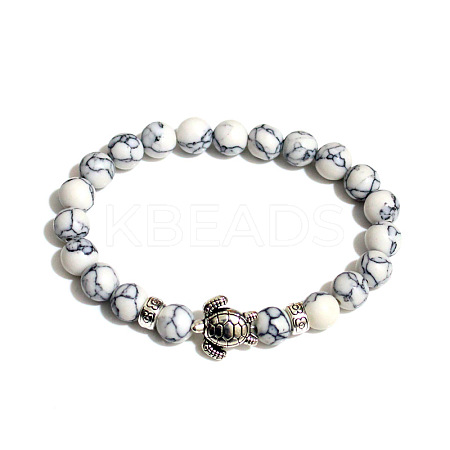 Synthetic Turquoise Round Beaded Stretch Bracelet with Turtle UL4697-5-1
