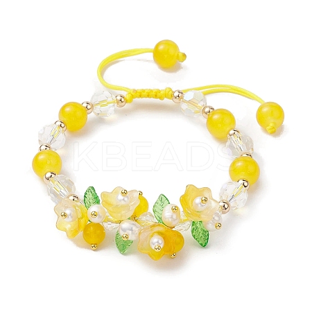 Flower Glass & Acrylic Braided Bead Adjustable Bracelets for Women BJEW-JB10446-04-1