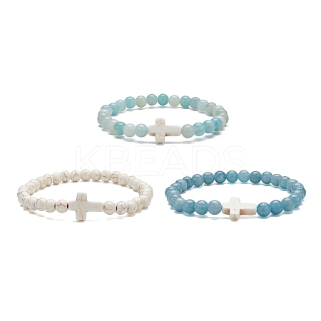 3Pcs 3 Style Natural Blue Quartz & Grade A Amazonite & Turquoise Cross Beaded Stretch Bracelets Set BJEW-JB09408-1