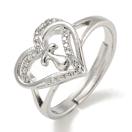 Heart with Letter Rack Plating Brass Micro Pave Clear Cubic Zirconia Adjustable Rings for Women RJEW-I105-01P-T-1