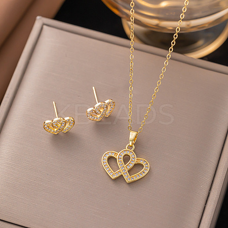 Brass Micro Pave Clear Cubic Zirconia Stud Earrings & Pendant Necklaces Sets FS-WG8C3C9-04-1