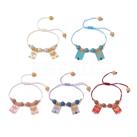 Natural Lava Rock & Mixed Stone & Glass Seed Beaded Braided Bracelets BJEW-MZ00063-1