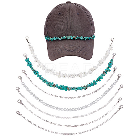 7Pcs 7 Styles Synthetic Turquoise & Glass Pearl & Brass Cap Chain AJEW-GO00036-1