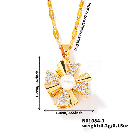 Cubic Zirconia & Plastic Pearl Rotating Windmill Pendant Necklaces YO2826-1