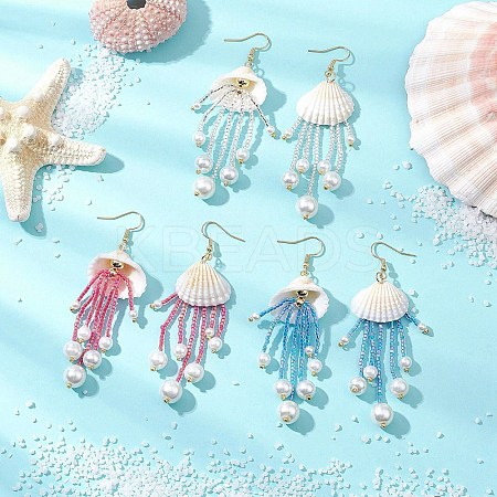 3Pairs Glass & Natural Shell & Non-magnetic Synthetic Hematite Dangle Earrings EJEW-MZ00383-1