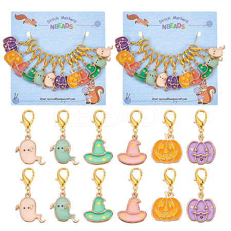 Halloween Theme Alloy Enamel Ghost & Witch Hat & Pumpkin Charm Locking Stitch Markers HJEW-PH01714-1