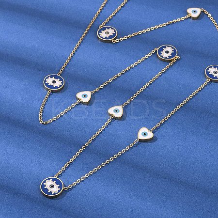 304 Stainless Steel Blue & White Enamel Evil Eye Link Chain Long Necklaces NJEW-V001-02G-1