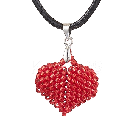 3D Heart Glass Seed Beads Pendant Necklaces NJEW-MZ00046-03-1