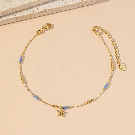 Brass Pave Clear Cubic Zirconia Flower Charm 304 Stainless Steel and Glass Chain Anklets for Women FS-WG0557A-04-1