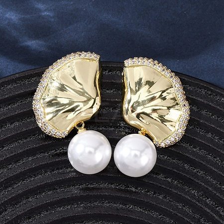 Brass Micro Pave Clear Cubic Zirconia Leaf Stud Earrings EJEW-H165-03A-G-1