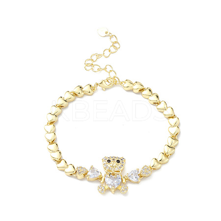 Cubic Zirconia Bear Link Bracelet with Heart Link Chains BJEW-H586-01G-1